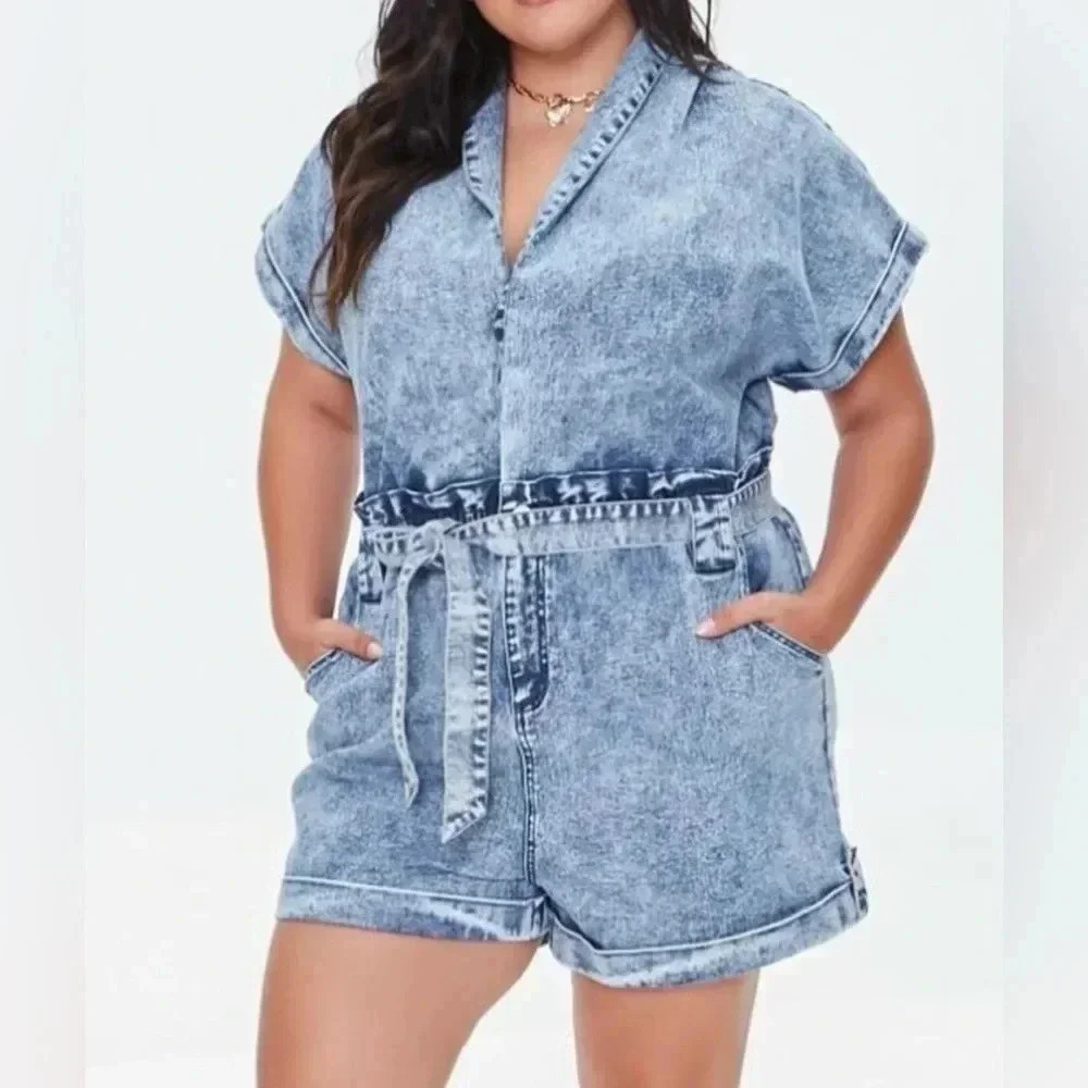 Forever 21 acid wash denim shorts jumpsuit romper sexy summer stretchy - Picture 1 of 5